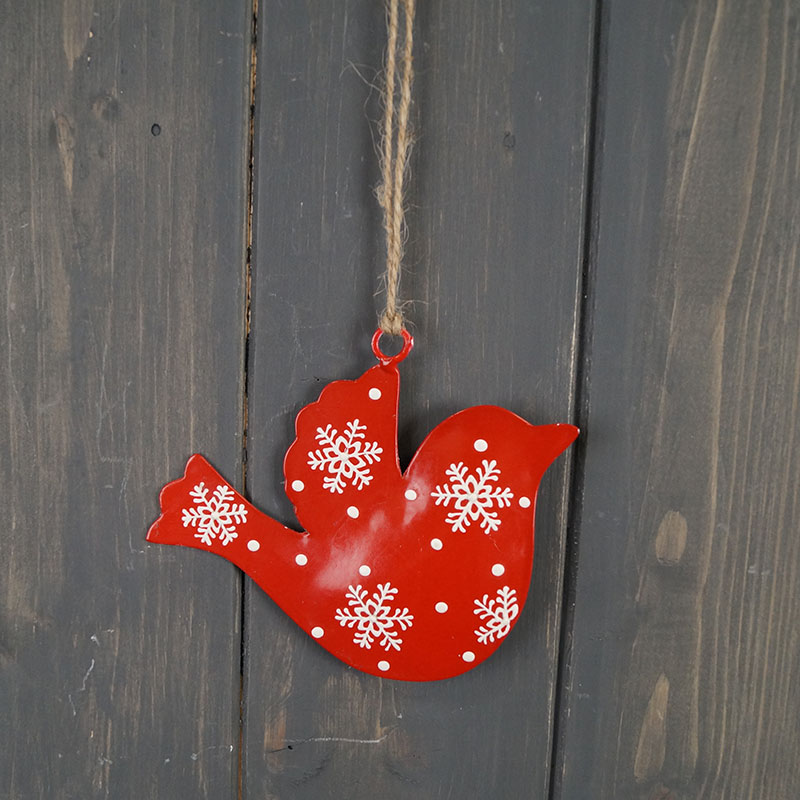 Red Metal Hanging Bird with Snowflakes (10cm) detail page
